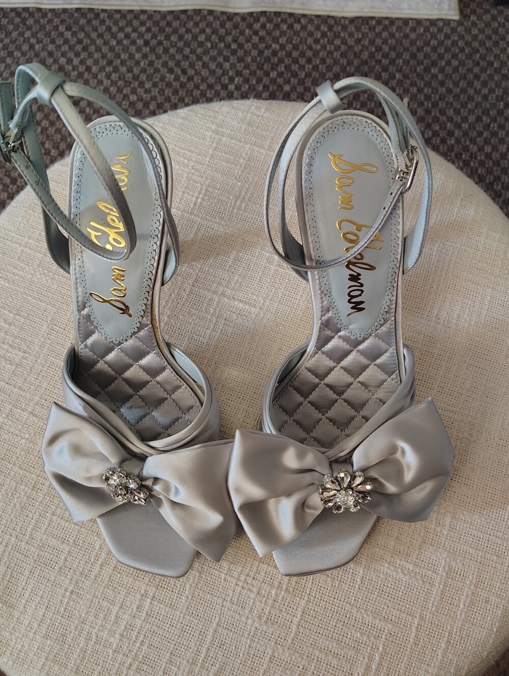 New Sam Edelman Satin Bow Accent Heels In Silver Blue Size Women's 9